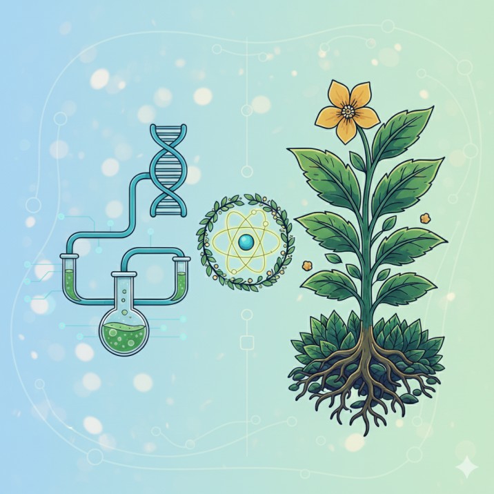 Infographic illustration of science meeting nature, showing lab glassware and DNA strands interwoven with vibrant green plants, roots, and a microscope on a light background.