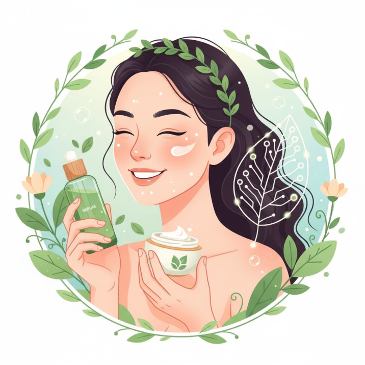 Illustration of a smiling woman with clear, glowing skin gently applying an eco-friendly skincare product, surrounded by green leaves and natural ingredients.