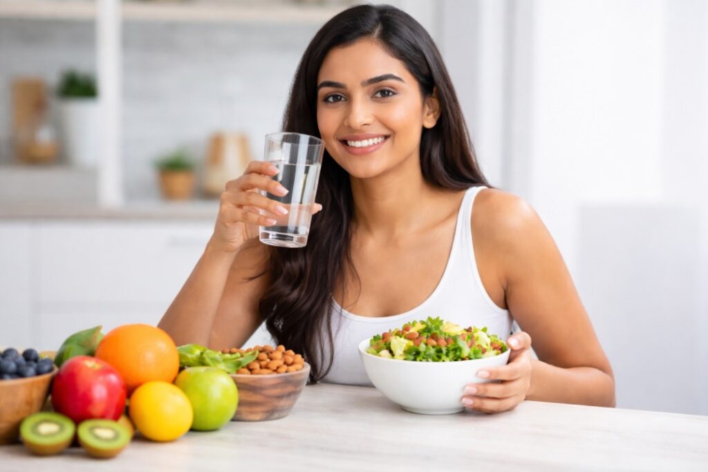 A smiling young woman sitting at a table with a glass of water, a fresh salad bowl, and various fruits like apples, oranges, and kiwi.