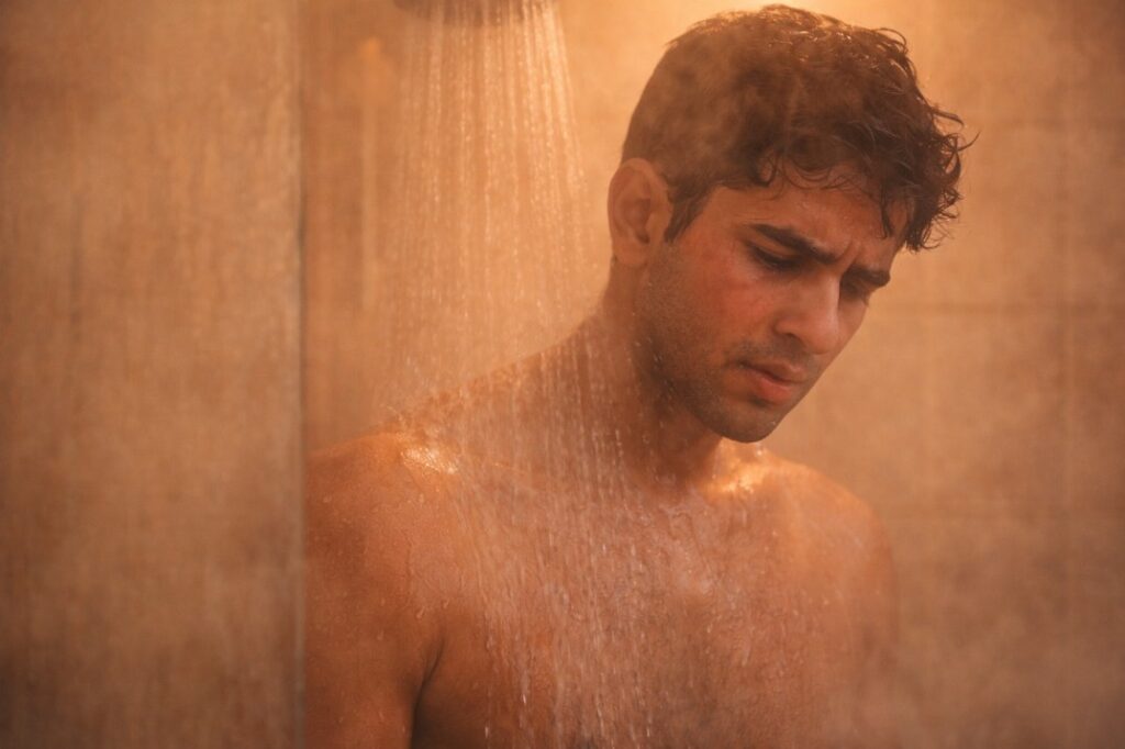 Young man taking a hot shower in a steam-filled bathroom, showing skin exposure to high-temperature water. Hot Water Showers