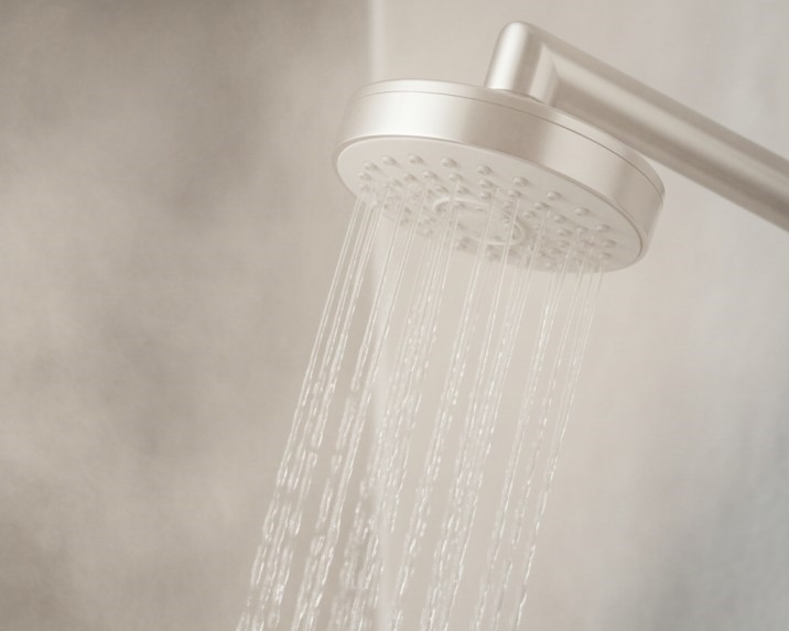 High-pressure water flowing from a round showerhead in a steamy bathroom; a visual representation of the perfect water temperature for skin and hair health.