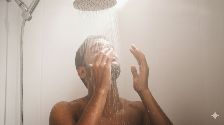 A man standing under a large rainfall shower head, lifting his hands to rinse his face in the streaming water.