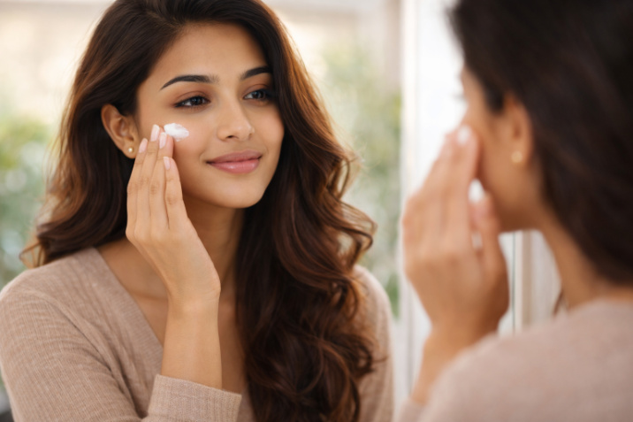 A smiling woman looking at her reflection in a mirror while dabbing white moisturizer onto her cheek.