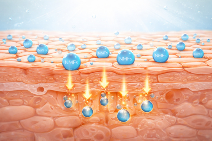 A 3D cross-section diagram of skin layers showing "NMFs" (Natural Moisturizing Factors) absorbing into the surface.
