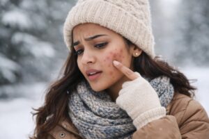 A woman in winter clothing touching a red acne breakout on her cheek in a snowy outdoor environment.