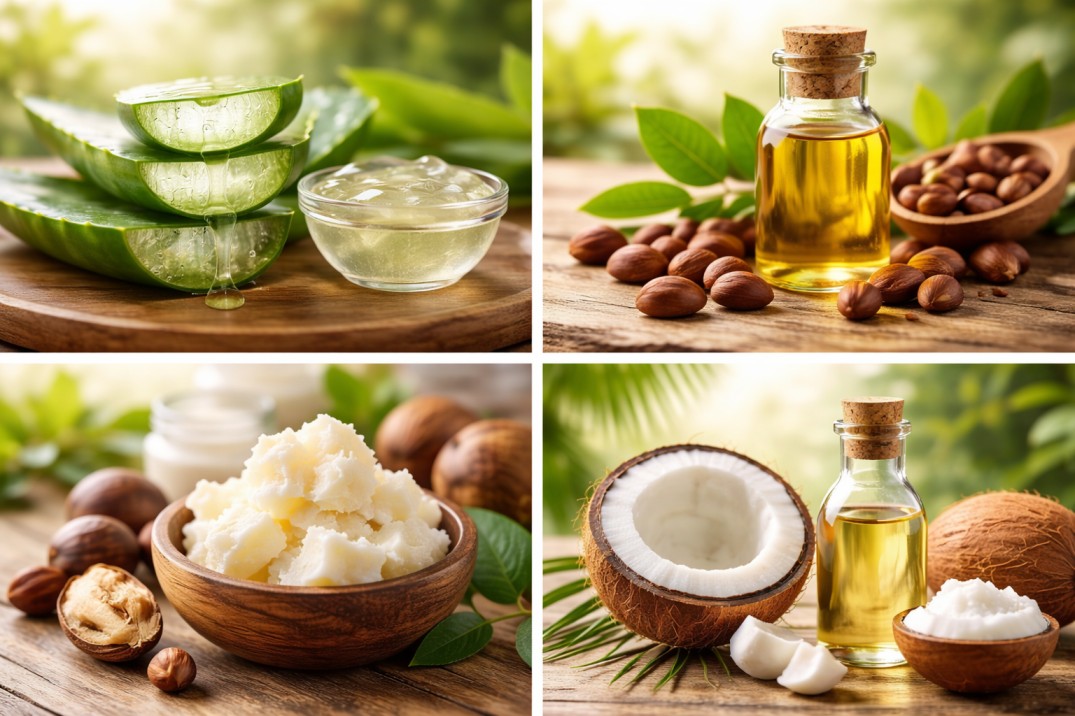 A four-panel collage showing aloe vera, jojoba oil, shea butter, and coconut oil.
