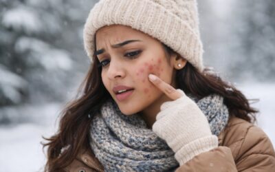 A woman in winter clothing touching a red acne breakout on her cheek in a snowy outdoor environment.