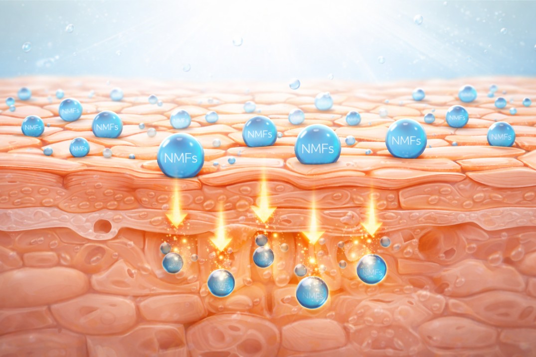 A 3D cross-section diagram of skin layers showing "NMFs" (Natural Moisturizing Factors) absorbing into the surface.