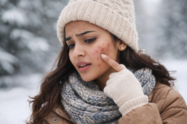 A woman in winter clothing touching a red acne breakout on her cheek in a snowy outdoor environment.