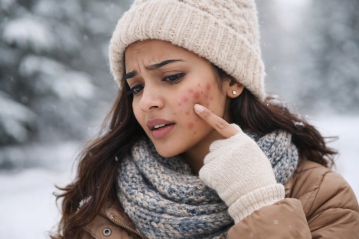 A woman in winter clothing touching a red acne breakout on her cheek in a snowy outdoor environment.