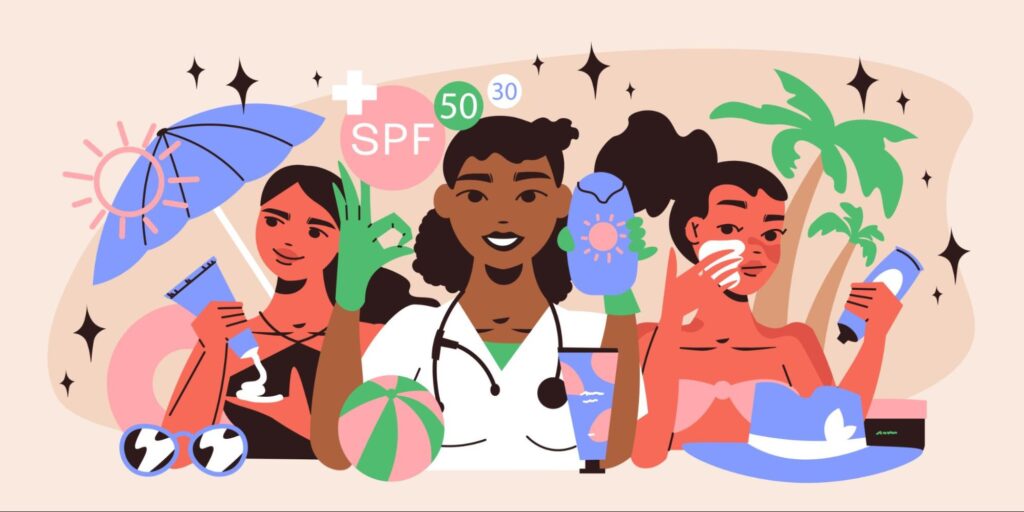 Dermatologist explaining SPF 50 and SPF 30 sun protection to women at the beach illustration.
