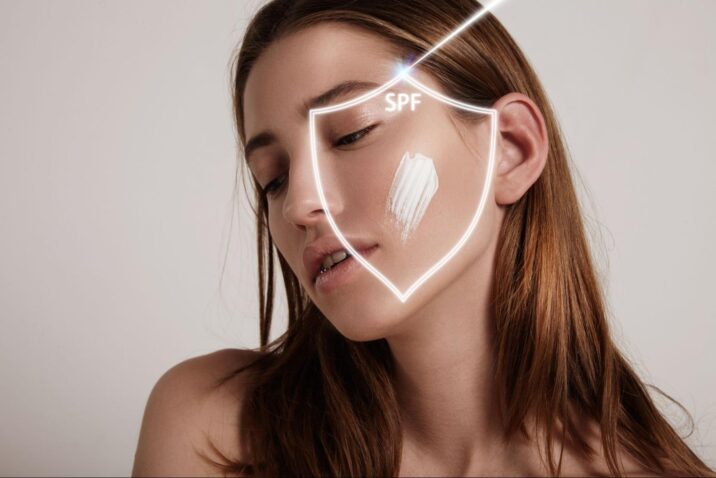Woman with white sunscreen cream on her face and a digital SPF shield graphic.