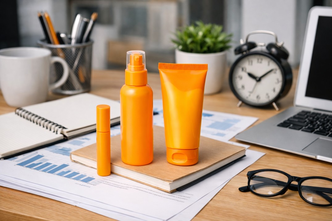 Bright orange sunscreen bottles and a tube sitting on a desk with a laptop, notebook, and eyeglasses.