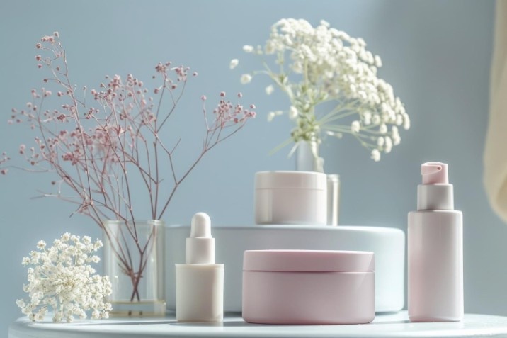 Minimalist morning skincare routine essentials featuring facial cream and serums displayed with white baby's breath flowers, ideal for a professional skincare blog.