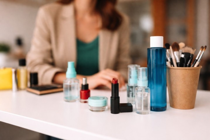 A variety of skincare and makeup products arranged on a white desk with a blurred office worker in the background.