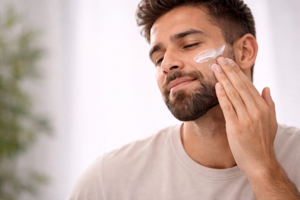 Young man gently applying moisturizer to his face during a daily skincare routine
