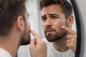 Man looking at acne and red pimples on his cheek while checking his skin in the mirror