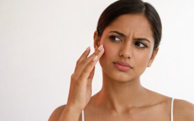 A woman with a concerned expression touching her cheek while looking into a mirror against a plain white background.