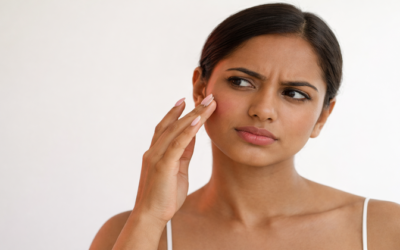 A woman with a concerned expression touching her cheek while looking into a mirror against a plain white background.