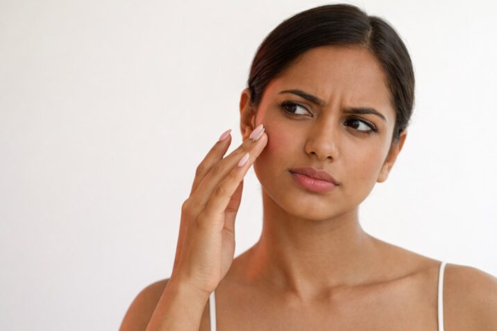 A woman with a concerned expression touching her cheek while looking into a mirror against a plain white background.