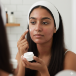 Woman applying face cream to acne-prone skin while looking in a mirror