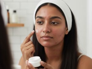 Woman applying face cream to acne-prone skin while looking in a mirror
