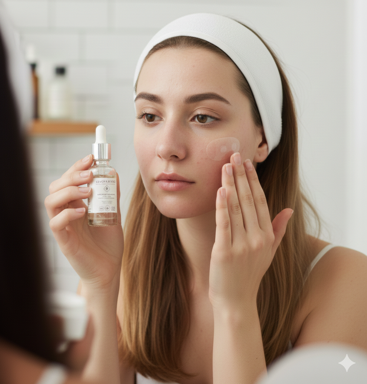 A woman demonstrating the proper application of a spot treatment or serum to prevent acne scarring.