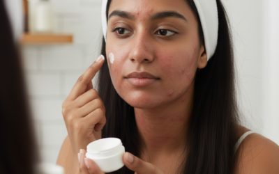 Woman applying face cream to acne-prone skin while looking in a mirror