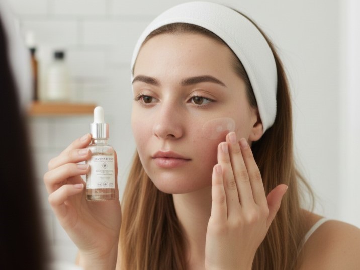 A woman demonstrating the proper application of a spot treatment or serum to prevent acne scarring.