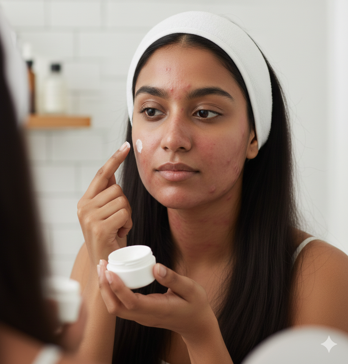 Woman applying face cream to acne-prone skin while looking in a mirror