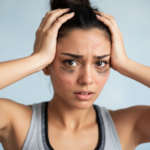 Woman holding her head with visible acne and dark circles after a workout