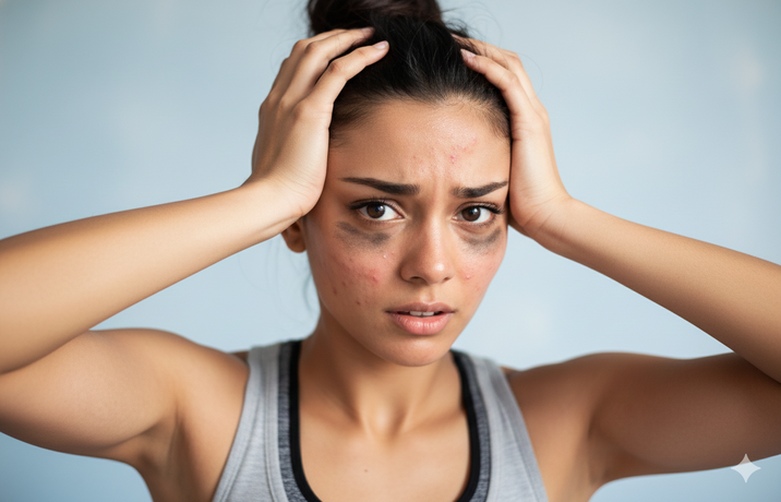 Woman holding her head with visible acne and dark circles after a workout