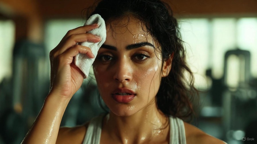 Woman wiping sweat from her face with a towel after a workout