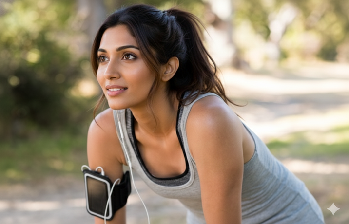 Woman resting outdoors after a workout, wearing fitness clothing and earphones