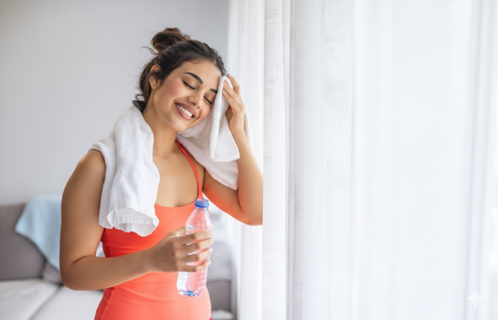 Woman wiping sweat with a towel while holding a water bottle after a workout
