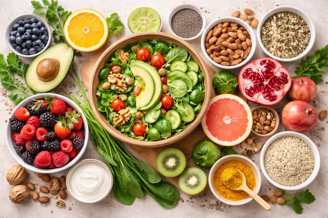 A top-down view of a colorful variety of healthy foods including a salad, berries, nuts, and citrus fruits.