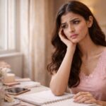 A worried young woman in a pink lace top looking away from a notebook, showing visible acne on her forehead and cheek.