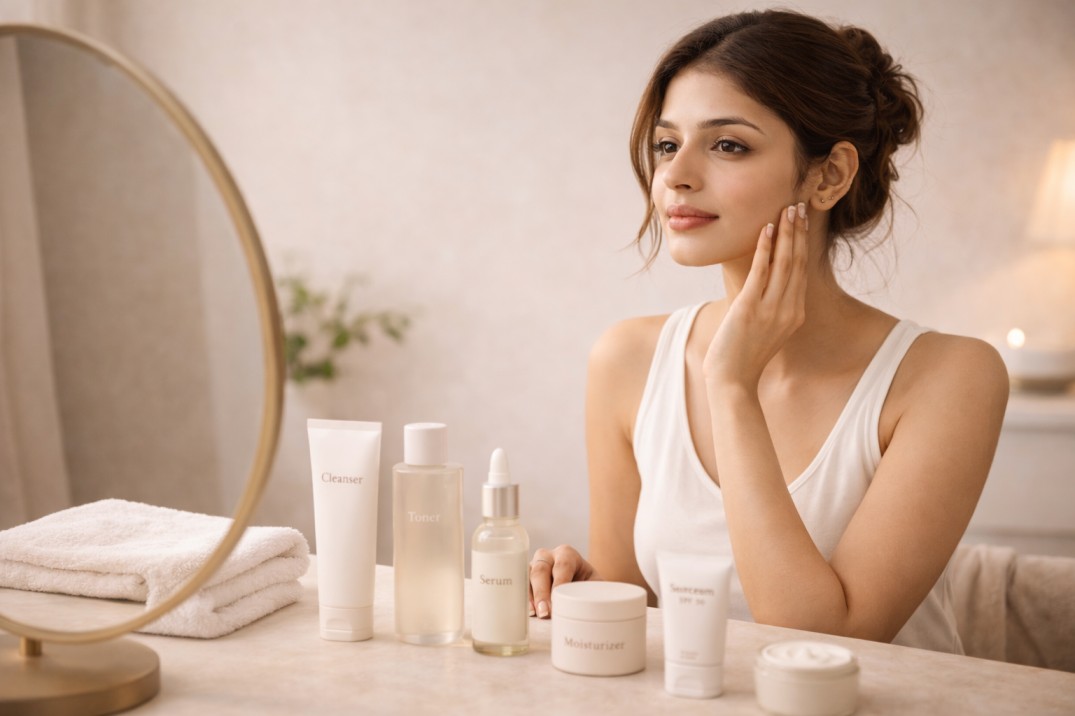 A young woman sitting at a vanity table with a set of skincare products, looking at her reflection in a circular mirror.