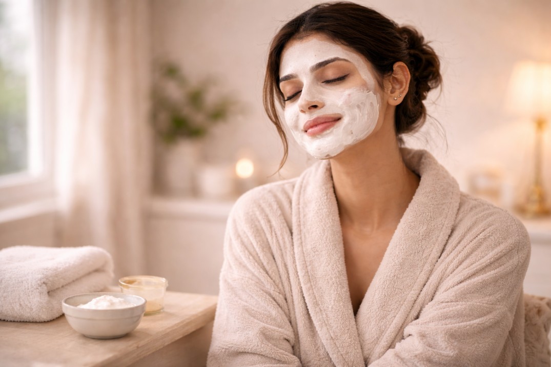 A woman in a cozy beige bathrobe with a white cream face mask applied, smiling with her eyes closed in a relaxing home setting.