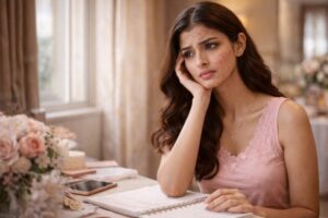 A worried young woman in a pink lace top looking away from a notebook, showing visible acne on her forehead and cheek.