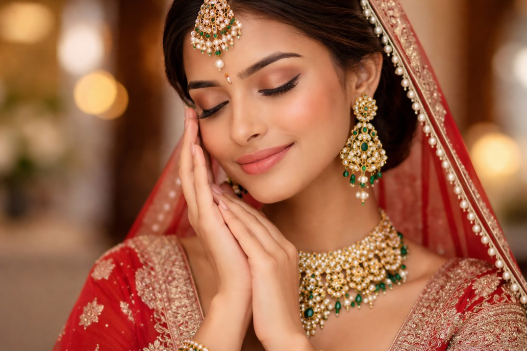 A stunning bride in a red traditional lehenga and gold jewelry, showcasing glowing, flawless skin.