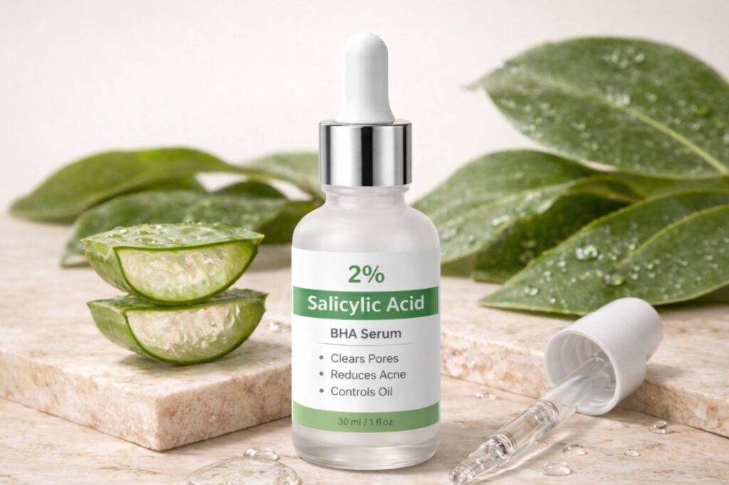 2% salicylic acid BHA serum bottle with dropper, aloe vera leaves in the background Salicylic-Acid