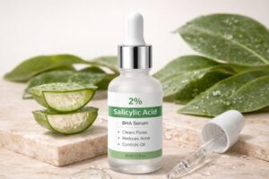 2% salicylic acid BHA serum bottle with dropper, aloe vera leaves in the background Salicylic-Acid