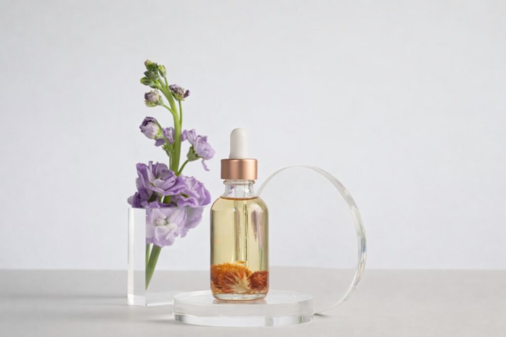 A minimalist product shot of a facial oil bottle with orange botanicals inside, displayed next to purple flowers on a white surface.
