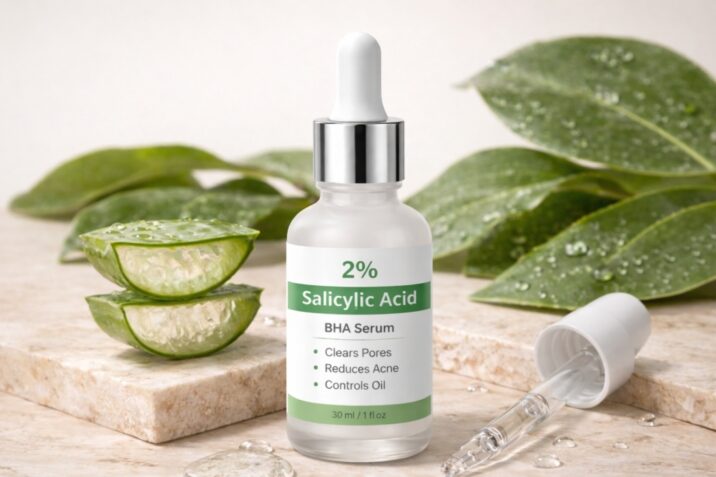 2% salicylic acid BHA serum bottle with dropper, aloe vera leaves in the background Salicylic-Acid