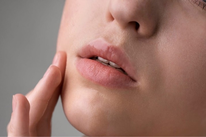 A close-up of a person’s smooth, hydrated lips with a soft glossy sheen and clear skin.