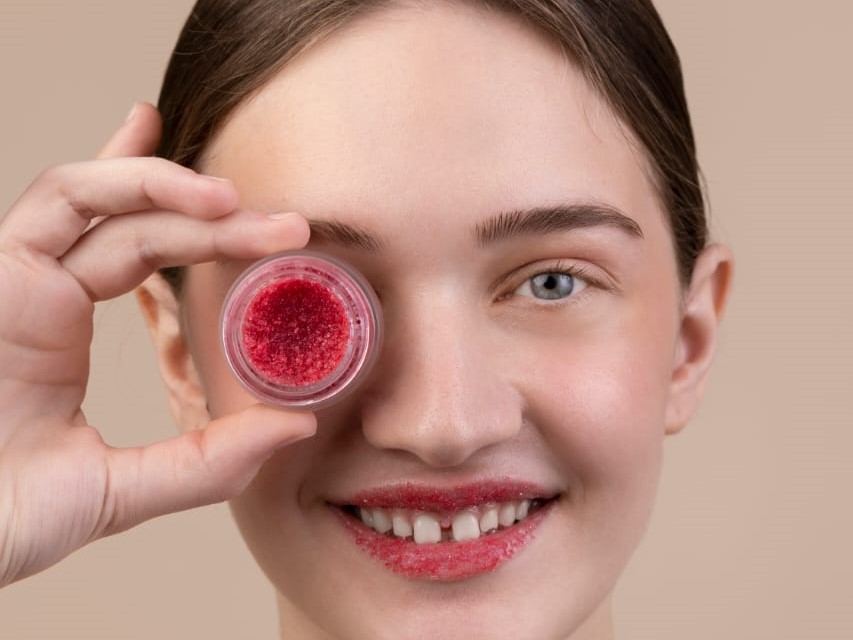 A smiling young woman with a red sugar scrub on her lips, holding the open jar playfully over one eye.