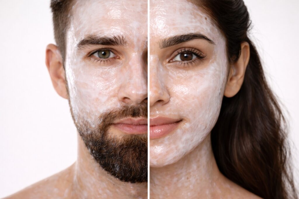 Comparison image of male and female faces with a facial mask applied, representing inclusive skincare routines
