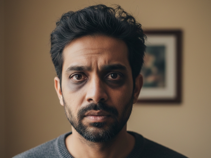 Close-up of a man showing dark circles and signs of fatigue around the eyes