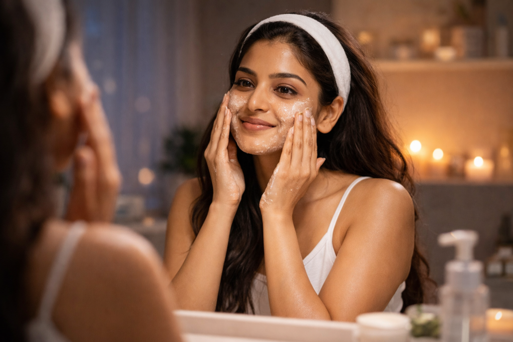 Woman gently applying facial cleanser to her face during skincare routine